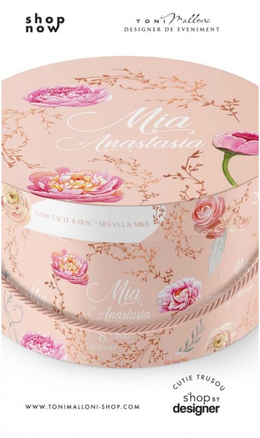 Cutie trusou botez cu bujori roz pastel si fundal somon 2